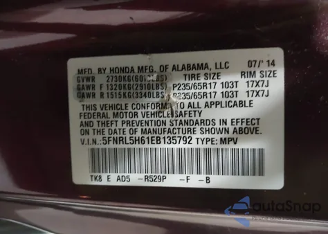 2014 Honda Odyssey Ex-L z USA, uszkodzony, nr VIN 5FNRL5H61EB135792